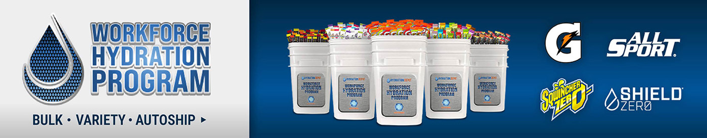 Workforce hydration programs from Hydration Depot featuring bulk electrolyte variety packs and AutoShip convenience. Trusted brands like Gatorade, Sqwincher Zero, and Shield Zero keep crews hydrated, safe, and ready.