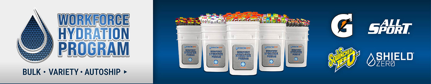 Workforce hydration programs from Hydration Depot featuring bulk electrolyte variety packs and AutoShip convenience. Trusted brands like Gatorade, Sqwincher Zero, and Shield Zero keep crews hydrated, safe, and ready.