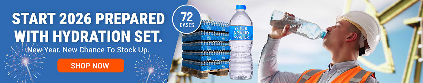 Start 2026 prepared with bulk hydration sets from Hydration Depot. Featuring 72 case pallets of branded bottled water, ideal for job sites, events, and crews that need reliable hydration and easy stocking.