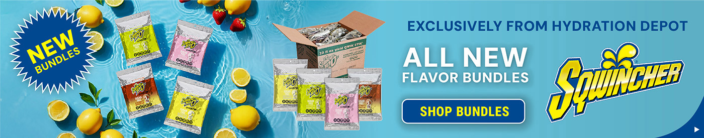 Sqwincher electrolyte drink mix packets displayed on water with lemons, limes, and strawberries around them. Text reads “Try Our New Sqwincher Bundles” with a Shop Now button.