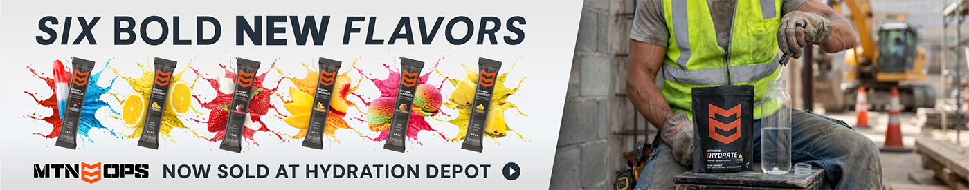Six colorful MTN OPS hydration drink stick packets displayed with fruit splashes alongside a construction worker in a safety vest mixing a drink on a job site. Text reads \"Six Bold New Flavors – MTN OPS Now Sold at Hydration Depot.\"
