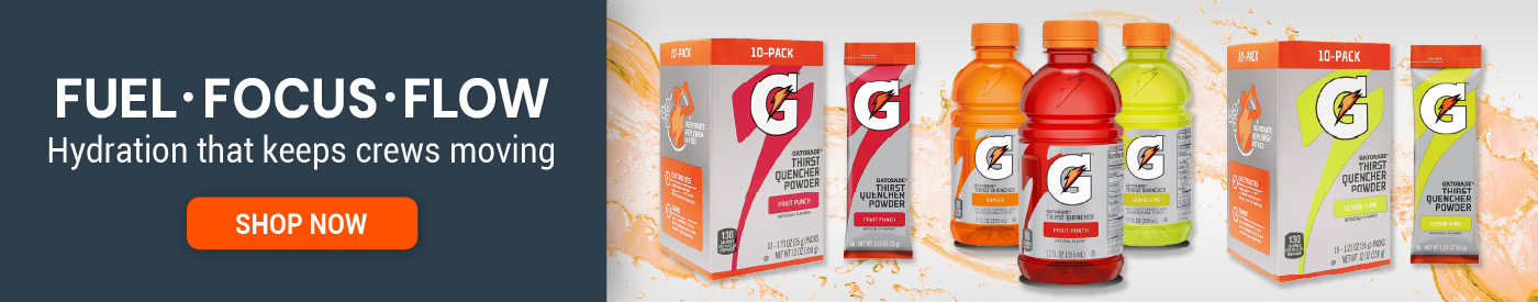 Fuel Focus Flow hydration banner from Hydration Depot featuring Gatorade Thirst Quencher powders and bottled drinks with a Shop Now call to action supporting crews in demanding work environments