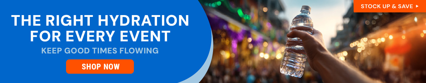 Hand holding a clear water bottle in a crowded outdoor event setting with colorful lights in the background. Text reads “The Right Hydration for Every Event. Keep Good Times Flowing” with a Shop Now button.