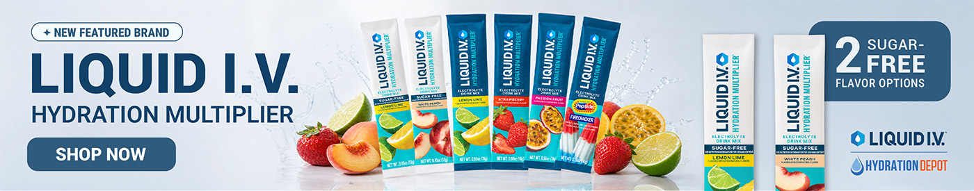 Liquid I.V. Hydration Multiplier electrolyte drink mix packets in assorted flavors, including sugar-free options. New featured brand at Hydration Depot.