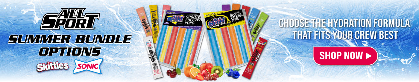 Close-up of All Sport single-serve drink mix sticks with vibrant colored packaging for each flavor.