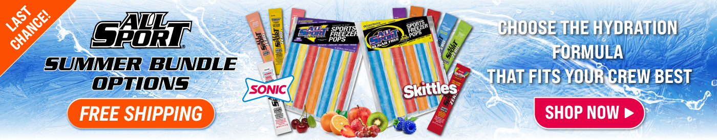 Close-up of All Sport single-serve drink mix sticks and freezer pops in vibrant colored packaging for each flavor. Includes free squeeze bottles and highlights free shipping