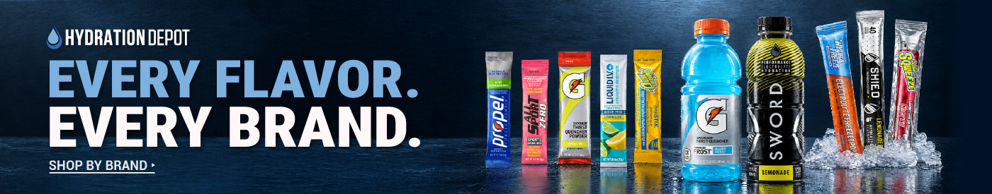 Hydration Depot banner reading Every Flavor. Every Brand. with a Shop by Brand button. On the right are sports drink products from brands including Propel, Gatorade, Liquid I.V., Sword, Hydrafreeze and Sqwincher, shown as drink mix packets, bottles and fr