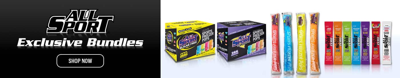 Close-up of All Sport single-serve drink mix sticks and freezer pops in vibrant colored packaging for each flavor. Includes free squeeze bottles and highlights free shipping