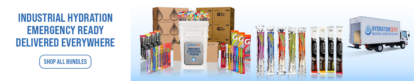 Hydration Depot promotional banner. Left side features blue text on a white background reading \'Industrial Hydration, Emergency Ready, Delivered Everywhere\' with a blue button labeled \'Shop All Bundles.\' Right side shows hydration products including G